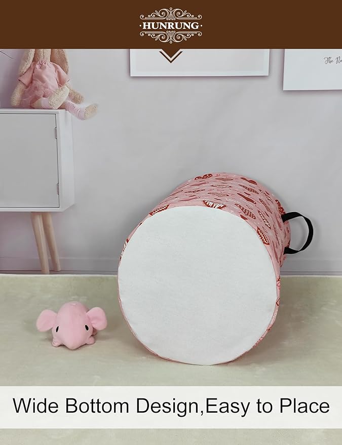 Collapsible Fabric Storage Basket, Waterproof Laundry Hamper with Handles, Round Storage Bin for Clothes Toys, Foldable Organizer for Bedroom Nursery Bathroom(Round-Pink Love Heart)