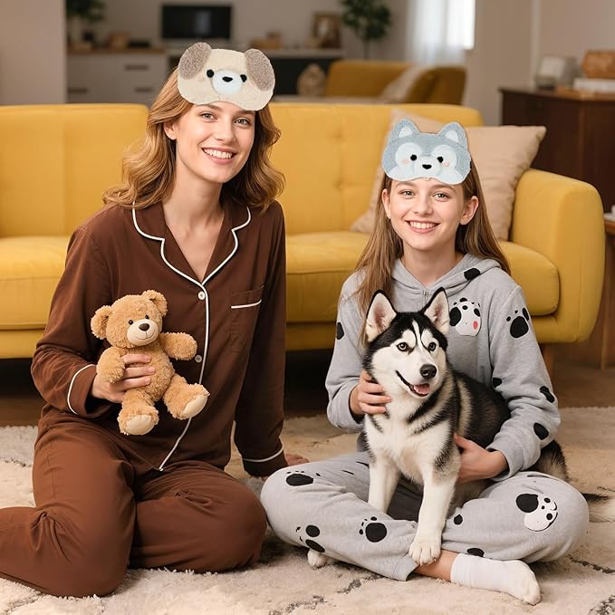 NEWEST 2 Pcs Cute Plush Dog Sleeping Masks, Soft Puppy Eye Cover for Sleeping with Adjustable Elastic Strap, Funny Cartoon Animal Eyeshade Blindfold for Blackout Travel Nap Night Sleep Party Girl Boy
