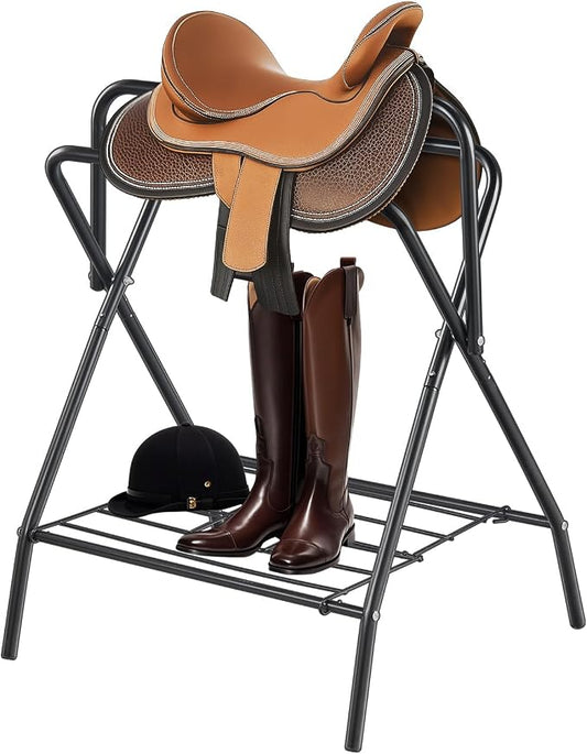 VEVOR Folding Saddle Rack, Freestanding Horse Saddle Stand, Portable Horse Blanket Holder, Heavy Duty Steel Saddle Rack for English & Western Saddles, Tack Storage, 28 x 19 x 37.5 in, Black