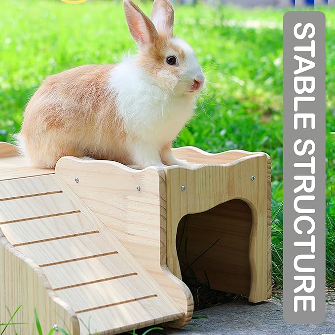 Large Rabbit Hideout Thicken Hard Wooden Bunny House Castle Climbing Tower Detachable Playhouse Ventilated Guinea Pig Wooden Hideout for Hamster Chinchilla (Slide Style)