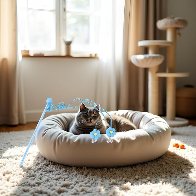 Cat Feather Stick Wand Toy,Cat Toys Teaser Wand with Feather Refills with Bell for Indoor Cats, Cat Toy Wand for Indoor and Kitten(Blue)
