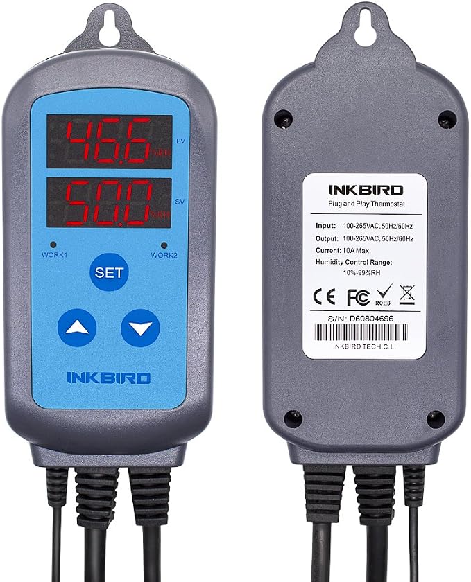 Humidity Controller IHC200 Inkbird Humidistat Mushroom Greenhouse Pre Wired Outlet Dual Stage Humidifier Dehumidifier.
