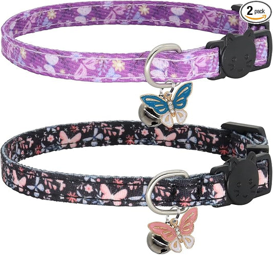 Cat Collar Breakaway, 2 Pack Cotton Kitten Collars with Bells and Removable Charms, Cute Butterfly Shaped for Indoor Boy, Girl and Adult Cats