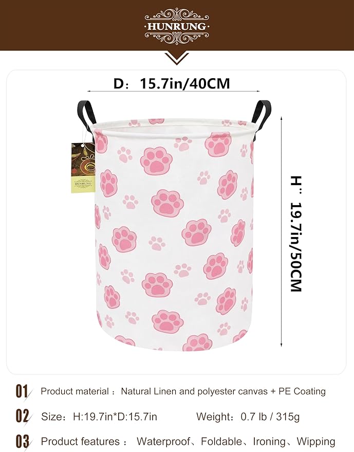Collapsible Fabric Storage Basket, Waterproof Laundry Hamper with Handles, Round Storage Bin for Clothes Toys, Foldable Organizer for Bedroom Nursery Bathroom(Round-Pink Paw)