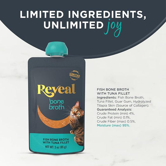 Reveal Tuna Fillet Bone Broth Cat Food Topper 6-Pack, Lickable, High Protein, Limited Ingredient, Grain Free, No Fillers or Artificial Additives (6 x 3 oz Resealable Spout Pouches)