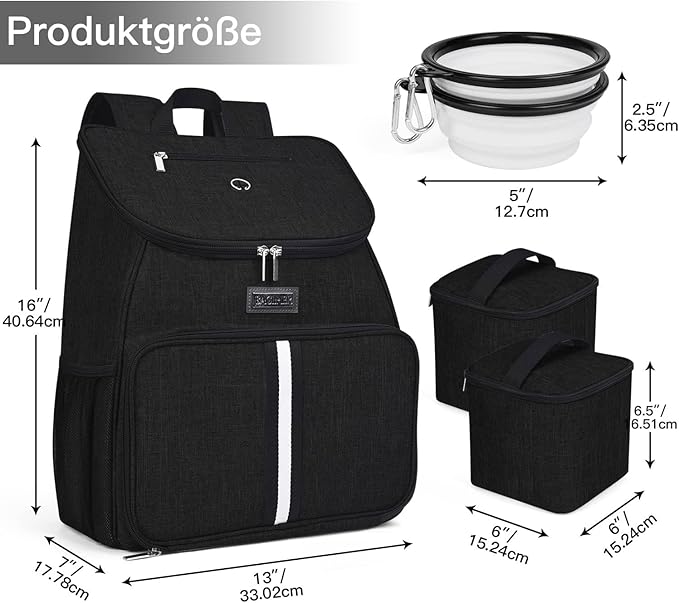 BAGLHER丨Dog Travel Bag, Airline Approved Pet Supplies Backpack, Dog Travel Backpack Accessories Set with 2 Silicone Collapsible Bowls and 2 Food Baskets. Black