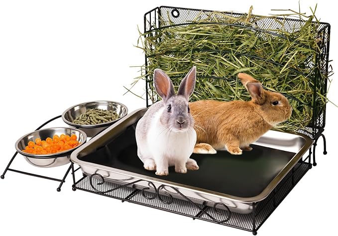 3 in 1 Rabbit Hay Feeder with Litter Box and Rabbit Feeder for Cages, Automatic Guinea Pig Hay Feeder with Metal Hay Rack, Bunny Litter Box, Stainless Steel Small Animal Feeding Bowl