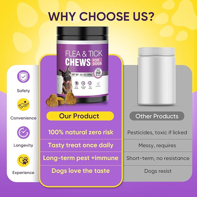 Dog Flea and Tick Treatment Chewable 200 Treatment Chews Natural Soft Chew Support Supplement Pest Defense Breeds and Ages Dogs Chicken Flavor