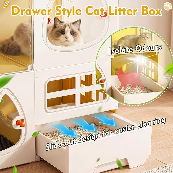 Cat Cage with Litter Box & Clear Door,Indoor Cat Cage Playpen,DIY Cat Enclosures Catio,Multi-Level Detachable Metal,Ferret Cage 42" x 18" x 28"