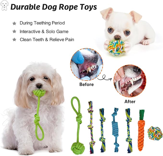 MRSOHRET 20Pcs Puppy Chew Toys for Teething, Dog Chew Toys with Rope Toys, Pet Dog Toothbrush, Treat Balls, Plush Toys and Squeaky Toy for Small Medium Dogs with Basket (20 Pack Elephant)