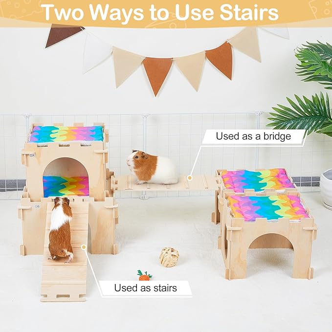 Guinea Pig Hideout, Guinea Pigs House with Stairs and Mats Extra Large Guinea Piggy Castle Detachable Hideouts for Small Animals Wooden Guinea Pig Habitats with Multiple Doors and Windows