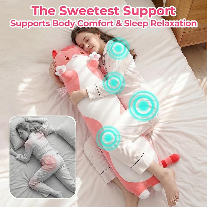 Mewaii Long Cat Plush 5 Sizes, 120% Extra Filling Giant Plushness Kids Body Pillow, Kawaii Cute Pink Cat Stuffed Animals Plushies, Big Long Body Pillow Cat Plush Gift for Girls 28”