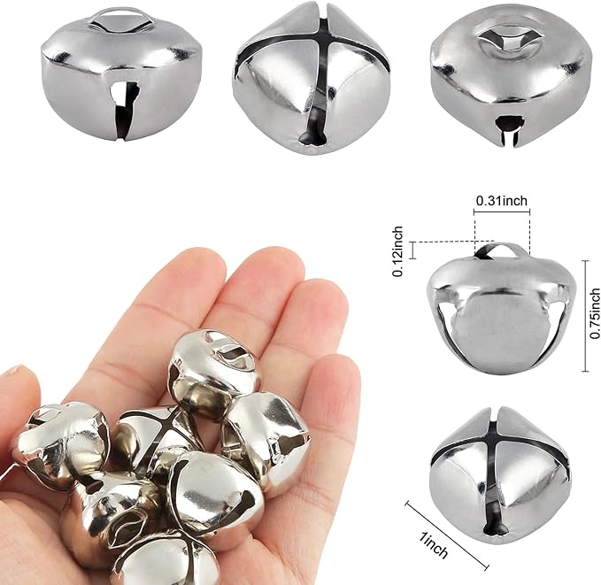 BigOtters 50 PCS Jingle Bells for Crafting, 1 Inch Silver Craft Bells Bulk for DIY Crafts, Potty Training, Wind Chimes Making, Wedding Decor & Home Decoration, with Hanging Hole