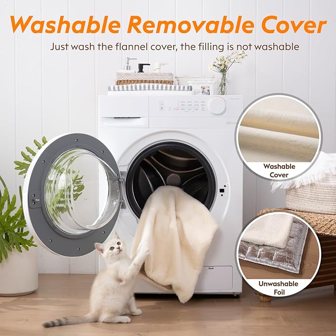 FunFurry Self Warming Cat Bed, Heating Cat Pad, Extra Soft Flannel Surface, Removable ＆ Washable, Thick Thermal Mat with Non-Slip Bottom (Ivory, 29" X 19")