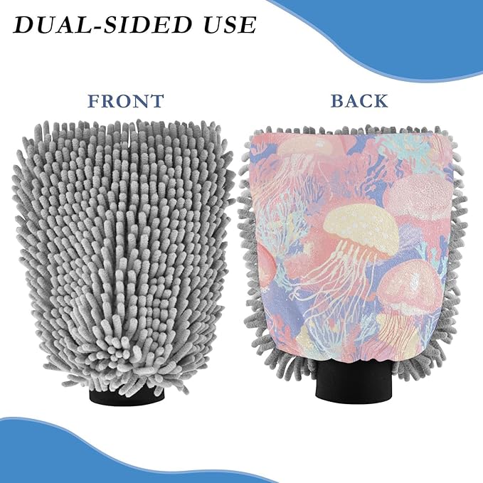 Car Wash Mitt Microfiber Wash Mitts for Car Washing Scratch-Free Cleaning Gloves Soft Non Absorbent Chenille Auto Hand Mitt Large 2Pack Pastel Sea Coral Reef Jellyfish