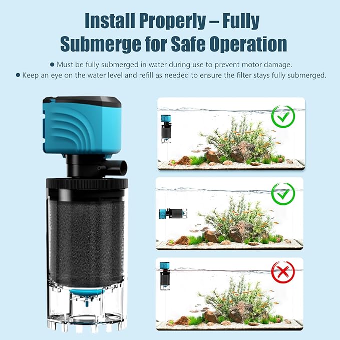 Internal Aquarium Filter, Upgraded 15–50 Gallon Fish Tank Filters, 210GPH Submersible Whisper Pump for Turtle Tank with Debris Tray, Check Valve, Fresh & Saltwater