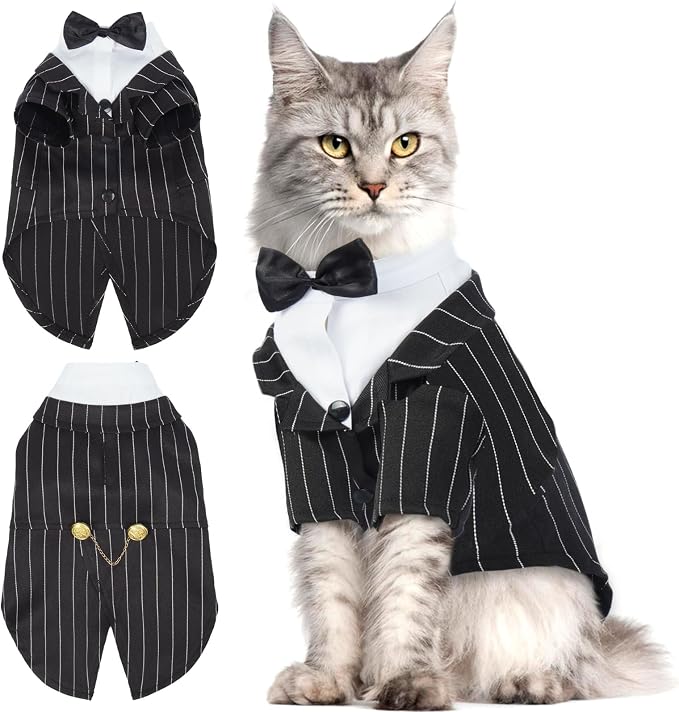 QBLEEV Cat Tuxedo Outfit with Bow Tie, Sphynx Cat Costume Formal Suit Wear | Soft breathable, stylish hairless clothes for cats only, kitten wedding birthday party shirt apparel for male boy