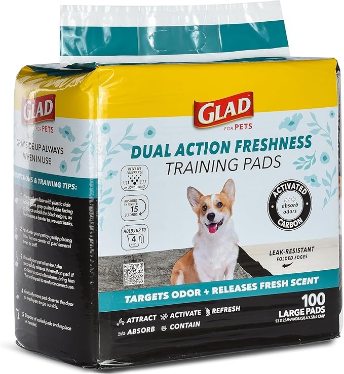 Glad for Pets Dual Action Freshness Activated Carbon Puppy Pads, Fragrance Release, Scented Odor Control, 6-Layer Leak-Proof, Pheromone Attractant, 23 x 23 Inch, 100 Count - 2 Pack