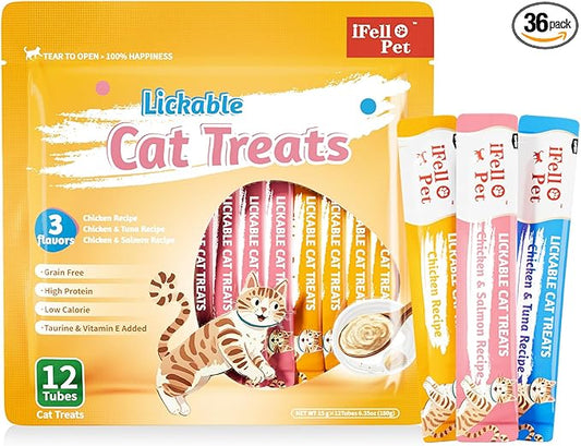 High-Meat Lickable Cat Treats Variety Pack - Real Chicken & Seafood - Smooth Creamy Puree - Grain-Free - 15g Each/12 Tubes x 3 Packs (36 Tubes in Total)