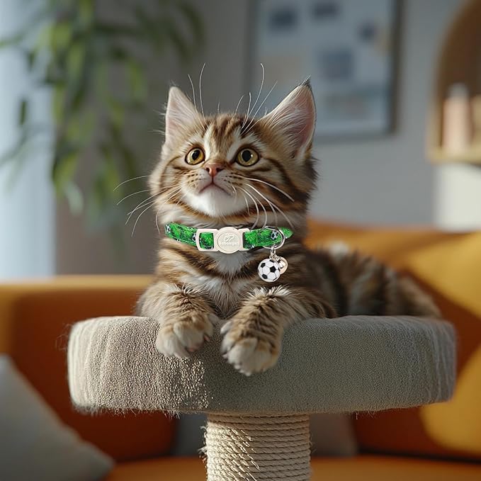 2 Pack Boy Cat Collars - Green Soccer & Blue Basketball Breakaway Cat Collars, Adjustable Boy Kitten Safety Collar for Small Dogs Puppy, Cute Pet Collar with Bell & Pendant