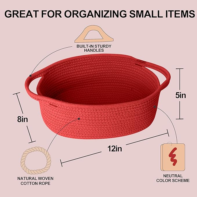 Small Woven Gift Basket, Baskets for Gifts Empty, Cotton Rope Cat Dog Toy Box, Nursery Baby Bin, Wicker Basket with Handles, Shelf Storage and Home Decor, Red, 12"x 8"x 5"