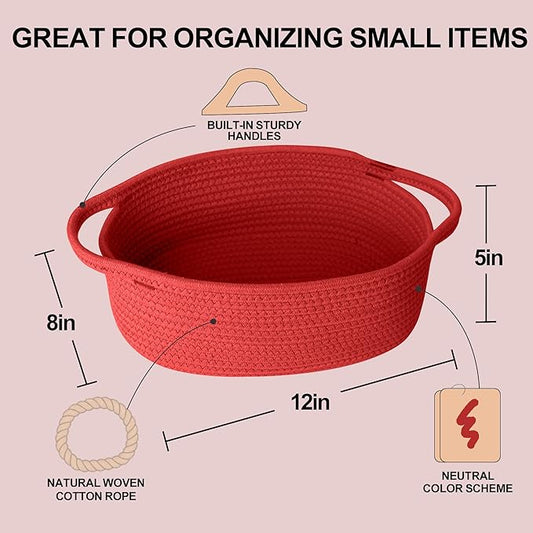 Small Woven Gift Basket, Baskets for Gifts Empty, Cotton Rope Cat Dog Toy Box, Nursery Baby Bin, Wicker Basket with Handles, Shelf Storage and Home Decor, Red, 12"x 8"x 5"