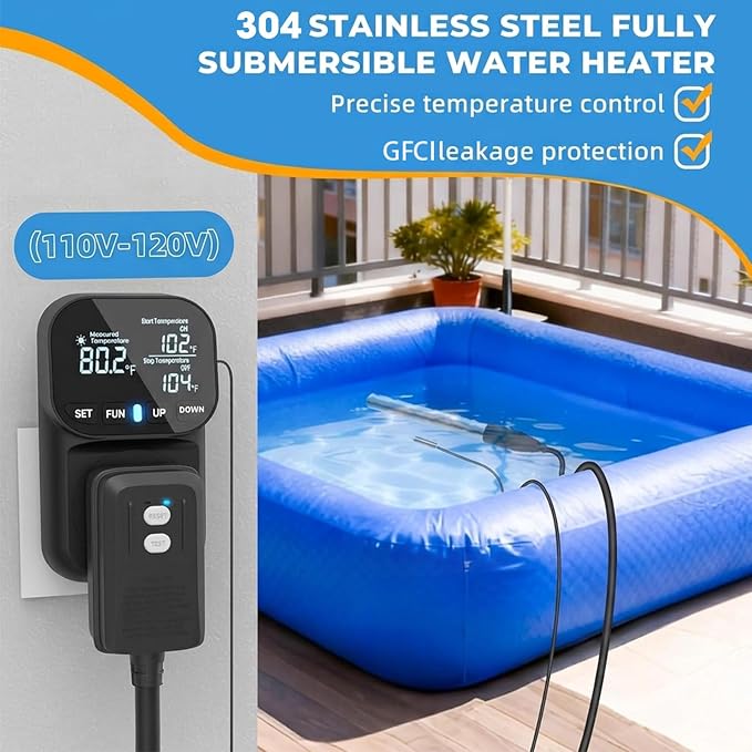Xyloz 120V 1500W Immersion Electric Water Heater | Fully Submersible, Thermostat & GFCI, For Sinks, Bathtubs, Washbasins