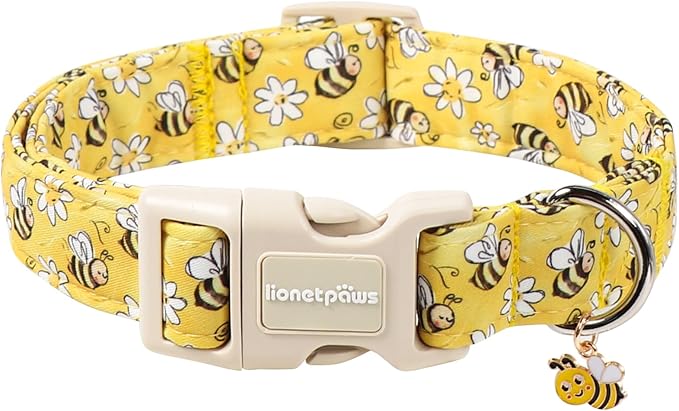 Lionet Paws Spring Dog Collar- Cute Bees Yellow Dogs Collar with Plastic Buckle and Bee Pendant,Dog Collar for Medium Dogs