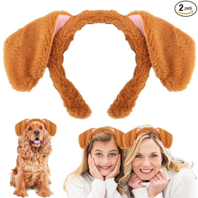 Dog Ear Headband Pink Steampunk Goggles,Halloween Brown Dogs Ears Headbands Paw Themed Costume Accessories for Women,Girls Cosplay Party Decorations