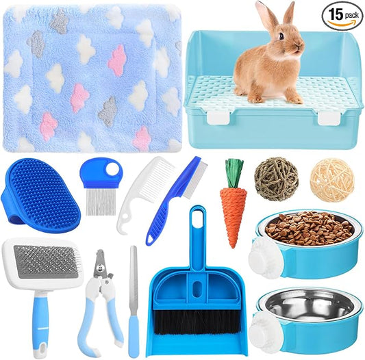 Reallnaive 15 Pcs Rabbit Starter Kit Small Rabbit Litter Box Girls Gift Animal Grooming Kit Bunny Toys Bowl Blankets with Cleaning Set for Guinea Pig Accessories(Sky Blue)