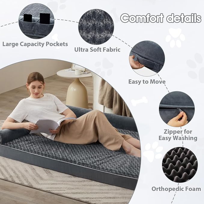 BFPETHOME Orthopedic Washable Dog Beds Large Sized Senior Dog for Comfy Sleeping with Removable Cover, Waterproof Big Soft Pet Couch Bed for Dogs Relax
