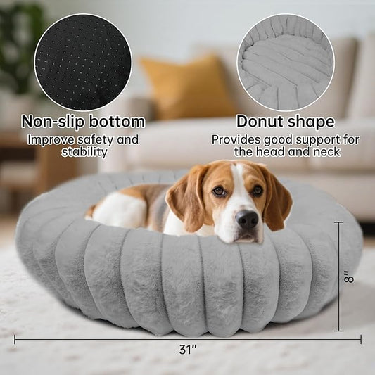 Donut Dog and Cat Bed, Luxurious Comfortable Faux Rabbit Fur Pet Beds, Round Anti-Anxiety Calming Puppy Kitten Bed with Anti-Slip Bottom for Small Medium Dogs & Cats(35", Brown)