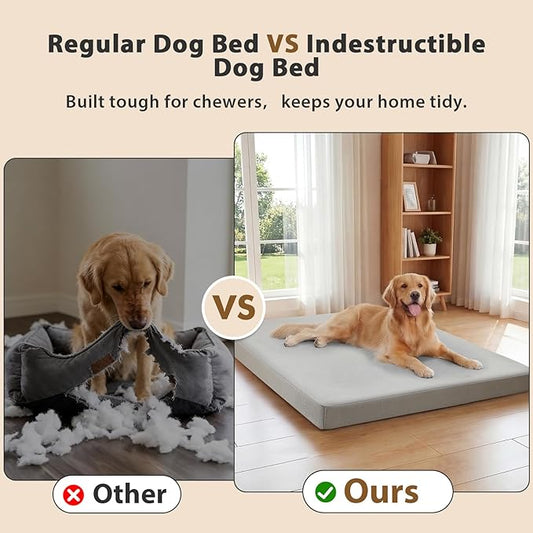 RRPETHOME 3" Chew Proof Indestructible Dog Bed for Large Aggressive Chewers,Durable Tough Fabir Chew Resistant Crate Dog beds for Large Dog & Puppy,Orthopedic Egg Foam Kennel Mat Pad Grey 42x30x4