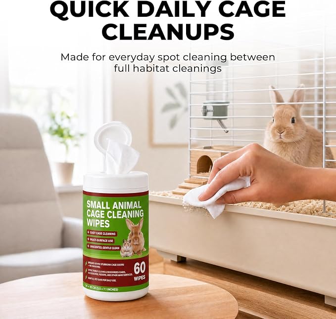 Small Animal Cage Cleaning Wipes, Unscented Cage Cleaner Wipes for Bird, Guinea Pig, Rabbit, Hamster & Bunny Habitats, Quick Spot Cleaning Suppliers for Cages, Feeders & Accessories, 2 Pack 120 Wipes