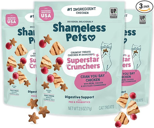Shameless Pets Crunchy Cat Treats - Kitty Treats for Cats with Digestive Support, Natural Kitten Treats with Real Chicken, Healthy Flavored Feline Snacks - Cran You Say Chicken, 3-Pk