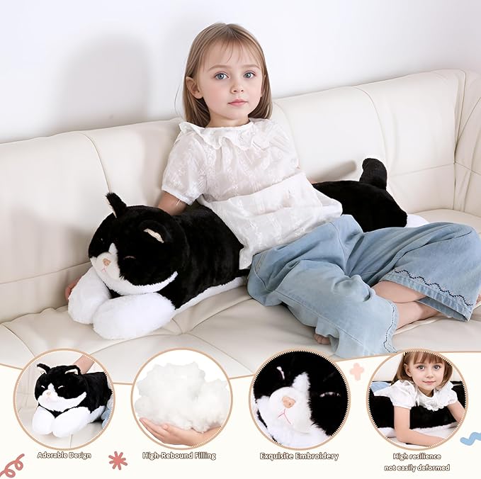 32 inch Large Stuffed Animal Cat Plush Toy, Big Long Cat Stuffed Animal Body Pillow, Black & White Kitty Stuffy Plushie Gift for Kids Boys Girls, Birthday