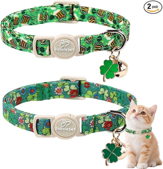 2 Pack St. Patrick’s Day Cat Collars - Breakaway Cat Collar with Bell, Green Clover Pendant, Adjustable Cute Kitten Collars for Boy Girl Cats, Beer&Flower Irish Shamrock