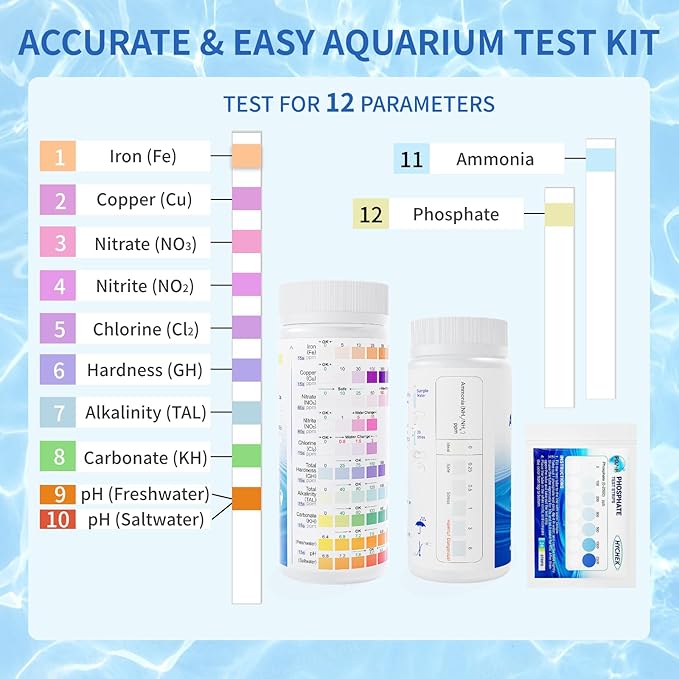 12 in 1 Accurate Aquarium Test Strips - 170 Strips | Fish Tank Aquariums Water Test Kit | Fresh & Salt Water Testing Kit | Includes Ammonia, Phosphate Strips and More.