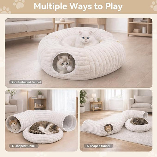 Cat Tunnel Bed, Peekaboo Hideaway Cave for Indoor Cats, Machine Washable Kitten Bed, Cat Donut, Dachshund Tunnel Bed for Small Dogs, Upgraded Striped Hare Feel Fabric (White)