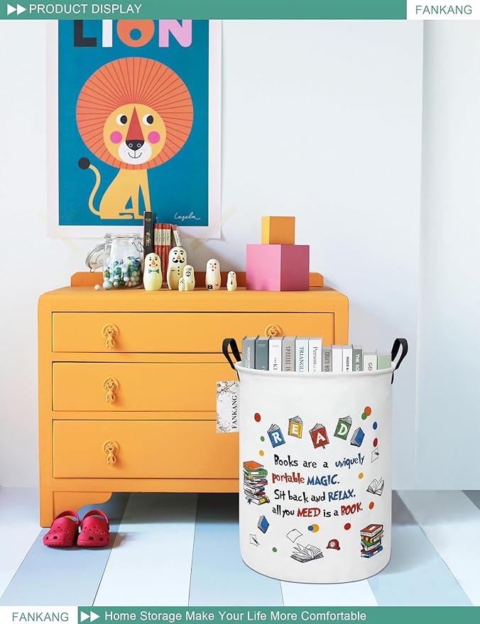Storage Basket, Nursery Hamper Canvas Laundry Basket Foldable with Waterproof PE Coating Large Storage Baskets for Kids Boys and Girls, Office, Bedroom, Clothes,Toys(Reading)