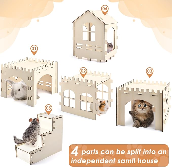 Bissap Wooden Rabbit Hideout Castle, Extra Large Bunny Houses and Hideouts Indoor Outdoor Rabbit Hidey Habitat for Bunnies Chinchillas Hamsters Guinea Pigs Detachable Small Animal Play Hideaway Hut