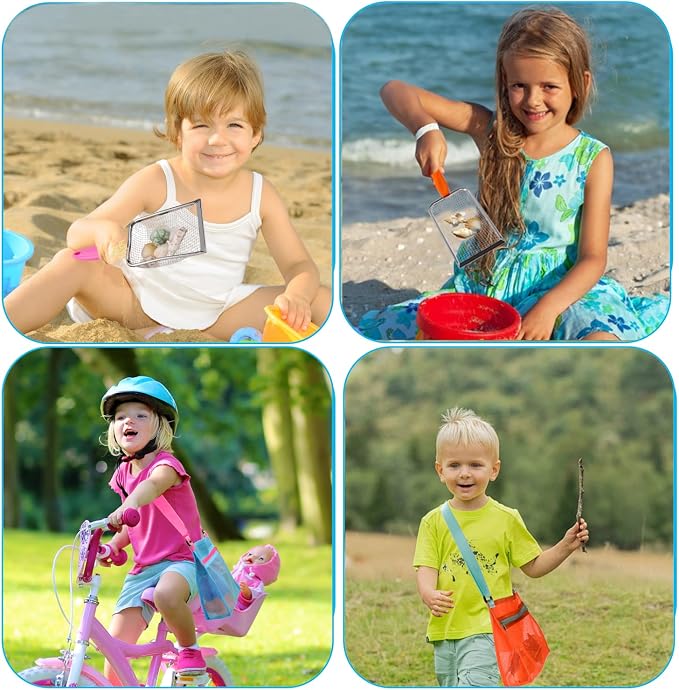 MUYIZI Beach Mesh Shovel with Mesh Beach Bag for Shell Collecting, Kids Sand Sifter for The Beaches,Shell Scooper for Beaches,Shark Tooth Sifter Dipper,Sea Shell Bags for Kids,Sand Toys (Yellow+Blue)
