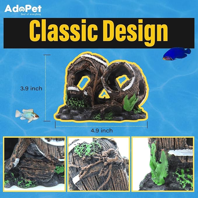 Aquarium Decoration Oak Barrel – 4.9 x 3.9 Inch Fish Tank Ornament Classic Wood Barrel with Holes for Small Fish Hiding, Durable Resin Structure, Easy to Clean and Maintain