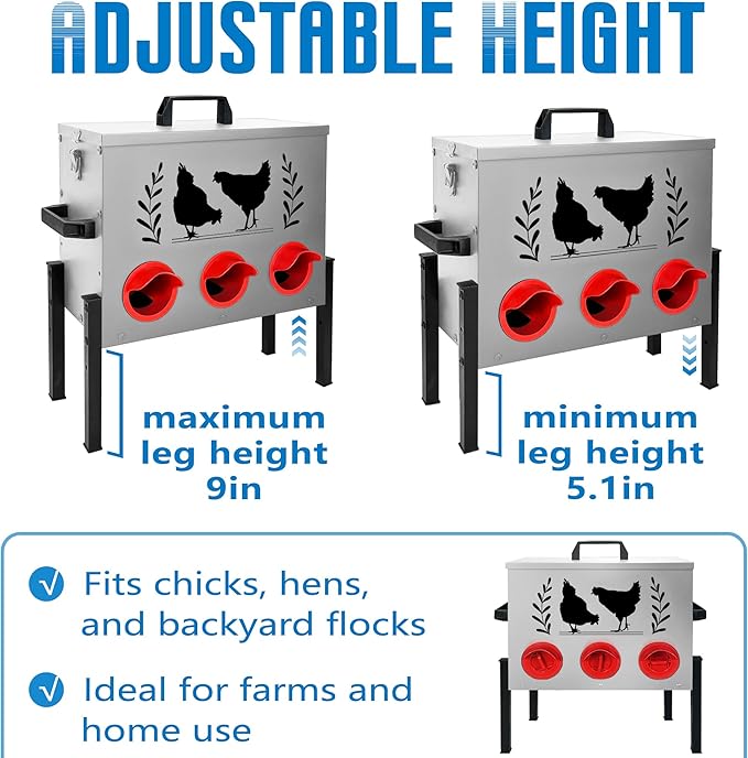No Waste Automatic Chicken Feeder (30 LB), Rodent Resistant Metal Poultry Feeder with Locking Lid, Adjustable Stand & 8 Ports, Heavy Duty Weatherproof Feed Box for Hens, Ducks