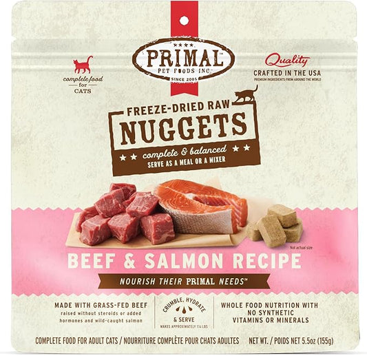 Primal Freeze Dried Raw Cat Food Nuggets Beef & Salmon, Complete & Balanced Meal or Topper, Premium, Healthy, Grain Free, High Protein Raw Cat Food with Probiotics (5.5 oz)