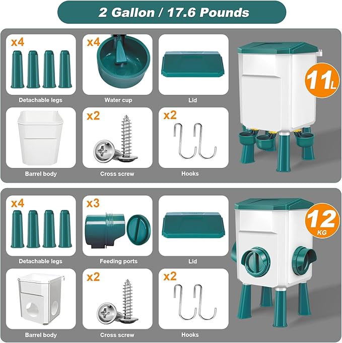 Chicken Feeder and Waterer Set 3 Gallon/26.4 Pounds, Automatic Chick Feeder and Waterer Set No Waste, Poultry Feeder Large for Hens/Ducks/Poultry