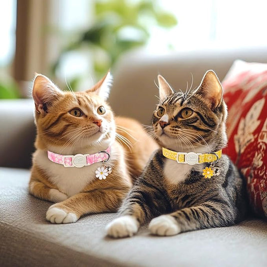 2 Pack Daisy Cat Collars - Cute Pink & Yellow Daisy Breakaway Cat Safety Collars, Adjustable Floral Kitten Collar for Small Dogs Puppy, Spring Summer Pet Collar with Bell & Pendant,