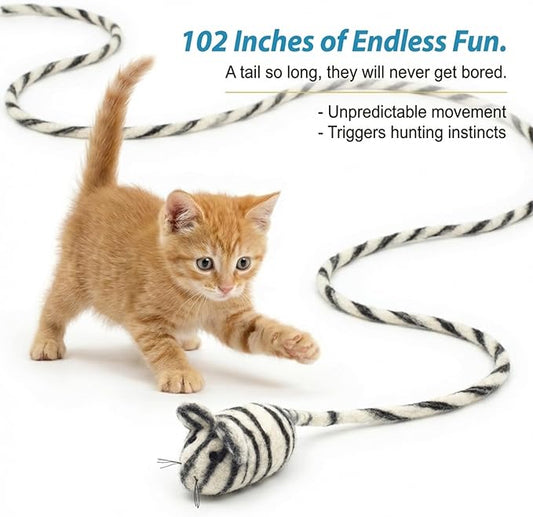 Glaciart One Felt Mouse Cat Toy – Soft Fuzzy Enrichment 100% Natural Wool - Interactive Catnip Play Cat Toy Set - Safe for Pets, Non-AZO Colored Dyes - 100” Long