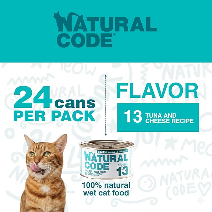 Natural Code - 24 Pack Wet Cat Food, Limited Ingredient Cat Food, High-Protein, Non-GMO, No Artificial Additives, Made in Italy, Tuna and Cheese in Broth for Adult Cats, 3 oz