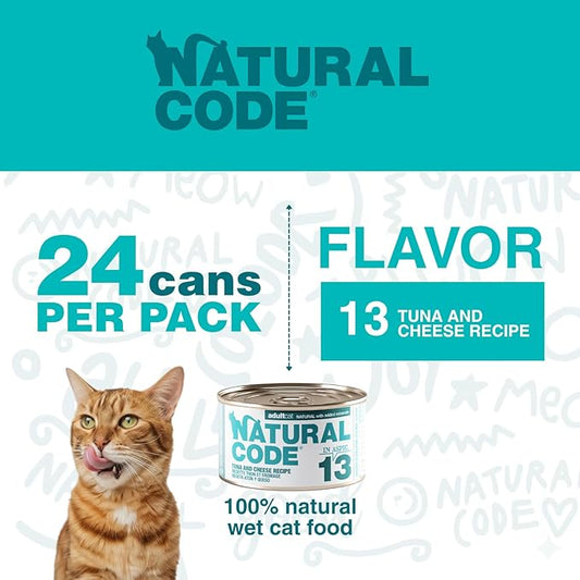 Natural Code - 24 Pack Wet Cat Food, Limited Ingredient Cat Food, High-Protein, Non-GMO, No Artificial Additives, Made in Italy, Tuna and Cheese in Broth for Adult Cats, 3 oz
